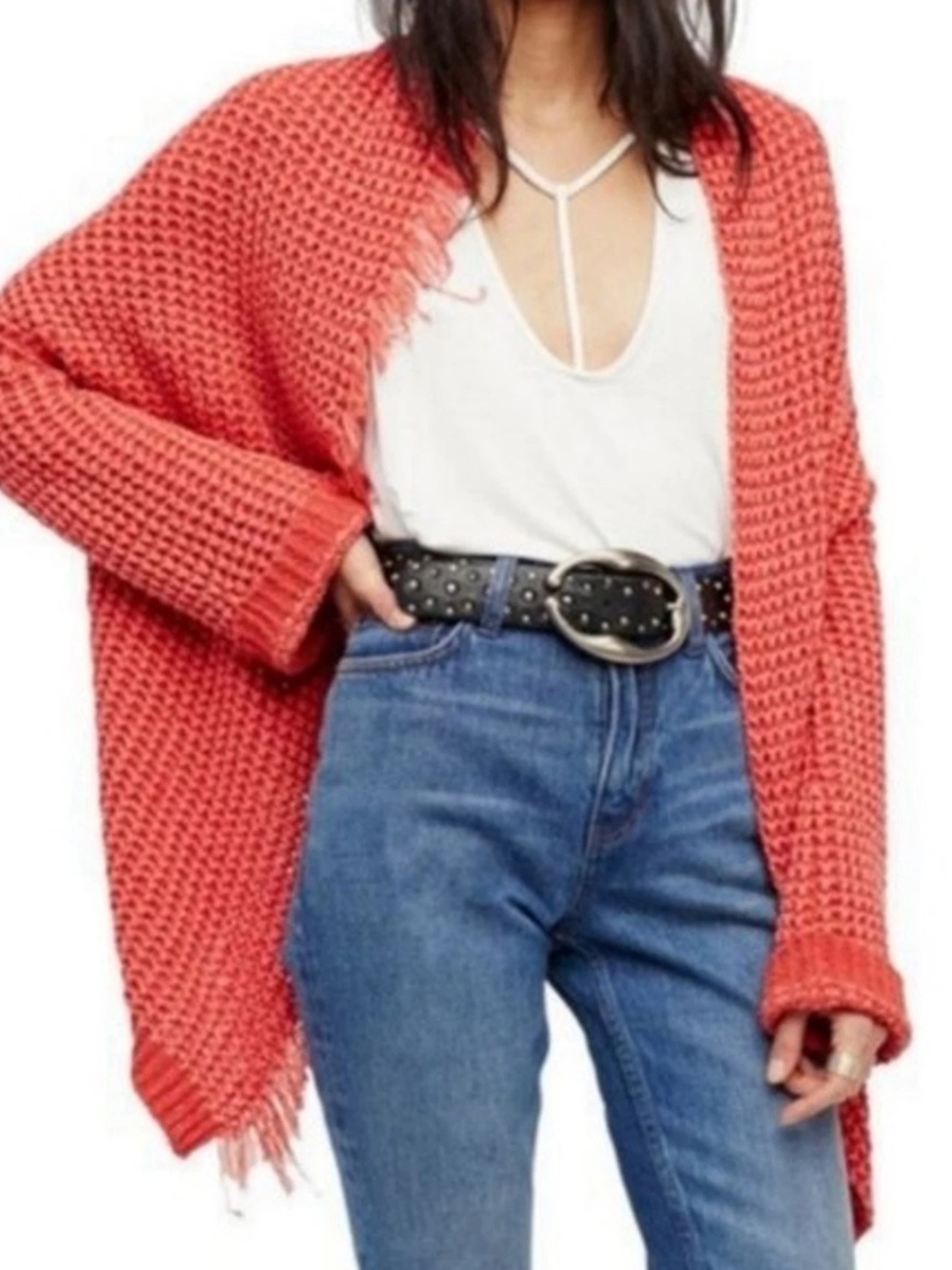Free People I’ll Be Around Cardigan Open Front Coral Fringe Chunky Womens Small